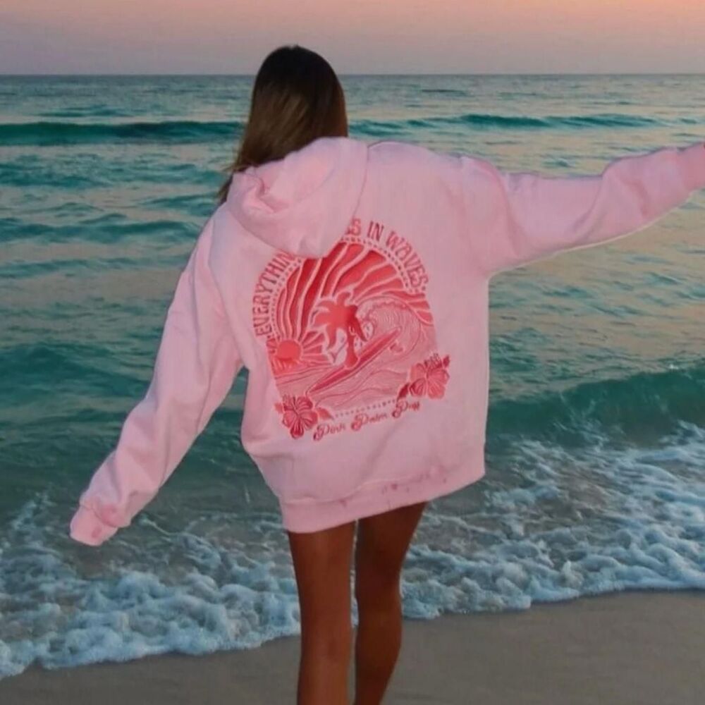 New Pink Palm Puff "Everything Comes in Waves" Hoodie in Pink - M